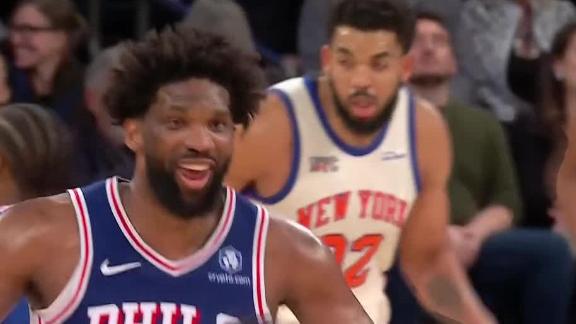 Joel Embiid dunks for the first time this season and the 76ers love it.
