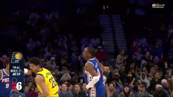 Tyrese Maxey shows off the range on a 3-point shot.