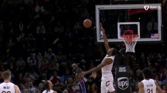 Evan Mobley gets up for the rejection.