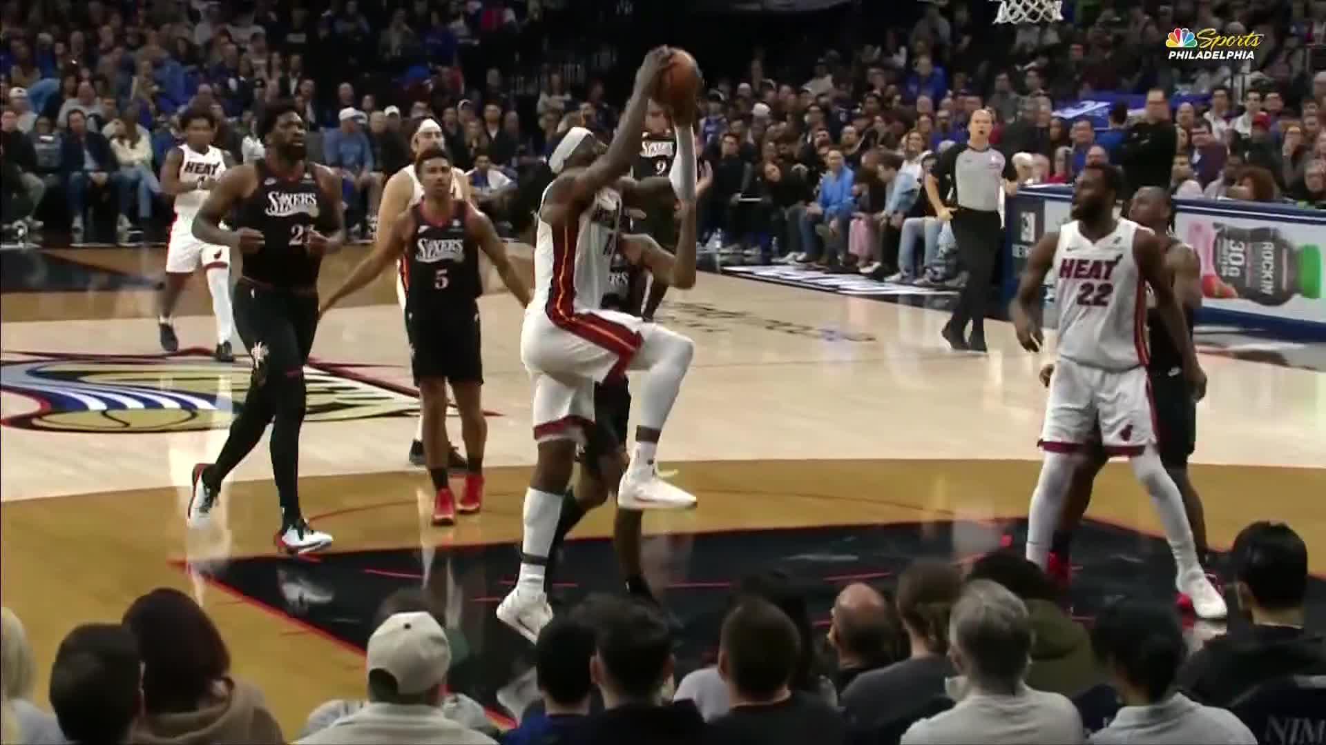Bam Adebayo elevates for slam dunk.