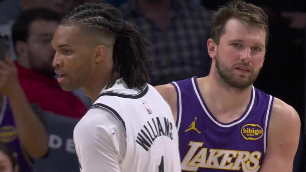 Luka Doncic and Nets forward Ziaire Williams are assessed double technicals after jostling with each other, resulting in the Lakers star's 16th tech of the season.