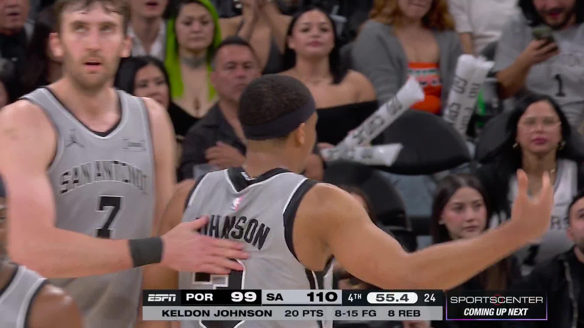 Keldon Johnson caps off a 20-point night with a bucket to ice the Spurs' win vs. the Trail Blazers.