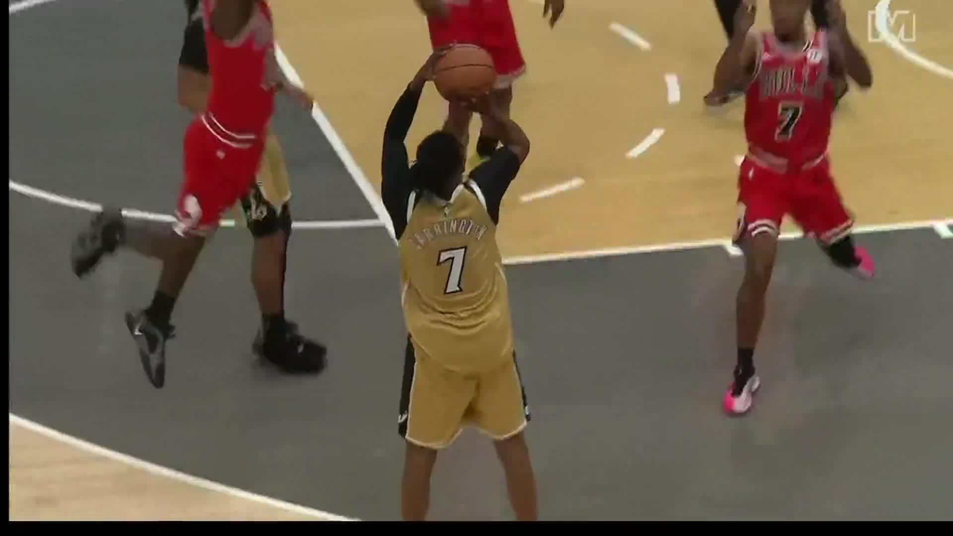 Bub Carrington pulls back from beyond the arc and drains the trey. 