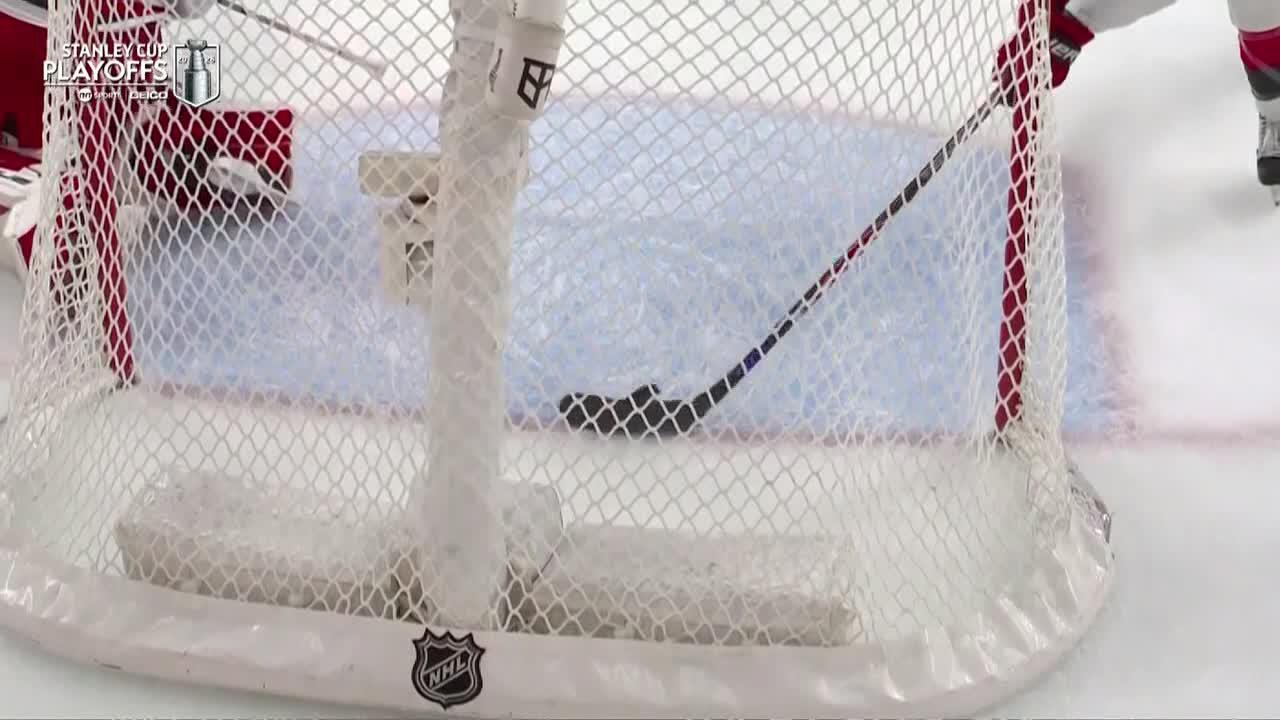 Jaccob Slavin somehow stops this puck from going in