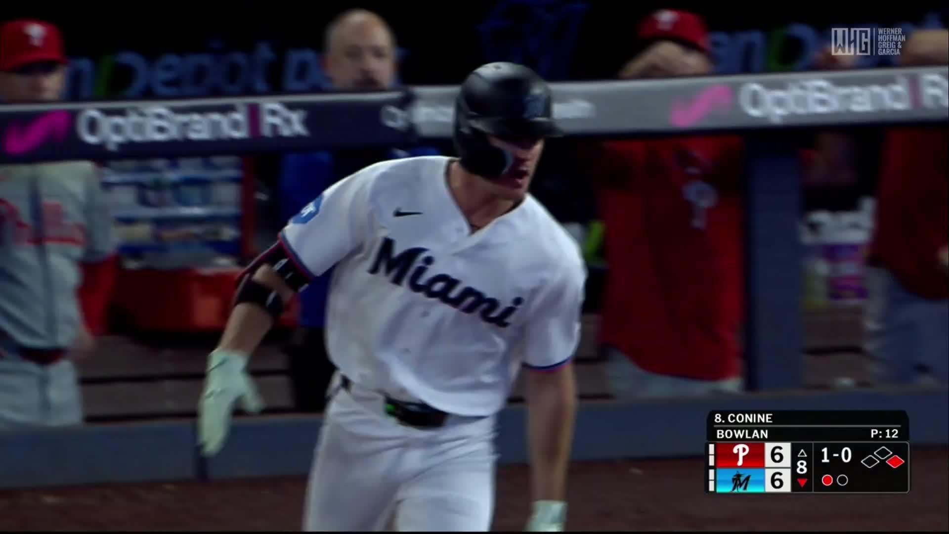Griffin Conine crushes a home run — Article image accompanying Marlins look to sweep 3-game series against the Phillies on WagerUp Sports News. Griffin Conine crushes a home run — Article image accompanying Marlins look to sweep 3-game series against the Phillies on WagerUp Sports News.