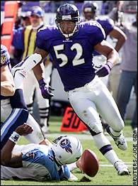 Baltimore Ravens linebacker Ray Lewis celebrates his fourth-quarter  interception and touchdown against the Tennessee Titans in the AFC playoff  game in Nashville Sunday, Jan. 7, 2001. The Ravens defeated the Titans  24-10. (