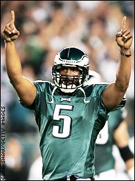 Philadelphia Eagles quarterback Donovan McNabb stares at the score board  while on the sidelines. The Philadelphia Eagles defeated the New York  Giants 27 to 6 at Giants Stadium in East Rutherford, New