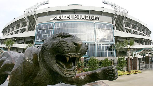 A jaguar statue is shown in front of Alltel Stadium before the