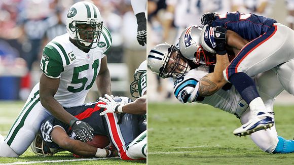 Carolina Panthers' Jon Beason, right, and Dan Morgan, left, work