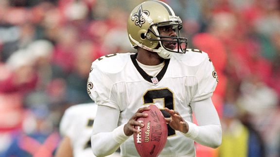 Quarterback Aaron Brooks of the New Orleans Saints points to a