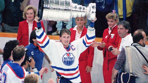 Wayne Gretzky of the Edmonton Oilers celebrates a goal during the 1988 Stanley  Cup Finals against the Boston …