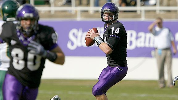 TCU quarterback Andy Dalton looks on during an NCAA college