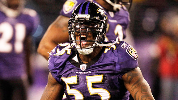 13 September 2010: Baltimore Ravens linebacker Terrell Suggs (55) during  the second half of the Baltimore Ravens vs New York Jets game at the New  Meadowlands Stadium in East Rutherford, New Jersey