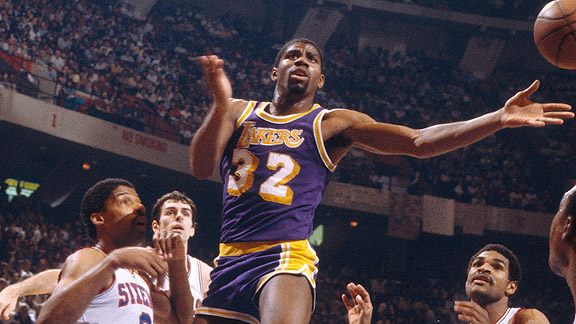 Los Angeles Lakers Magic Johnson in action, fist bump with Boston News  Photo - Getty Images