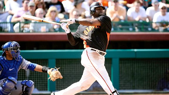 San Francisco Giants' Pablo Sandoval makes an off balance swing while  popping up to right with two runners on base to end the sixth inning  against the San Diego Padres in a