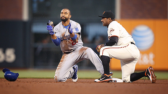 Los Angeles Dodgers' Rafael Furcal is safe stealing second base as