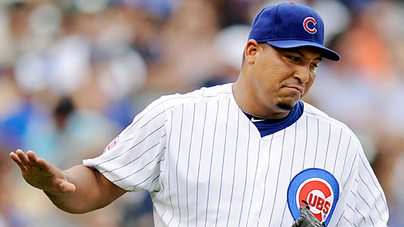 Carlos Zambrano of Chicago Cubs cleans out his locker after giving