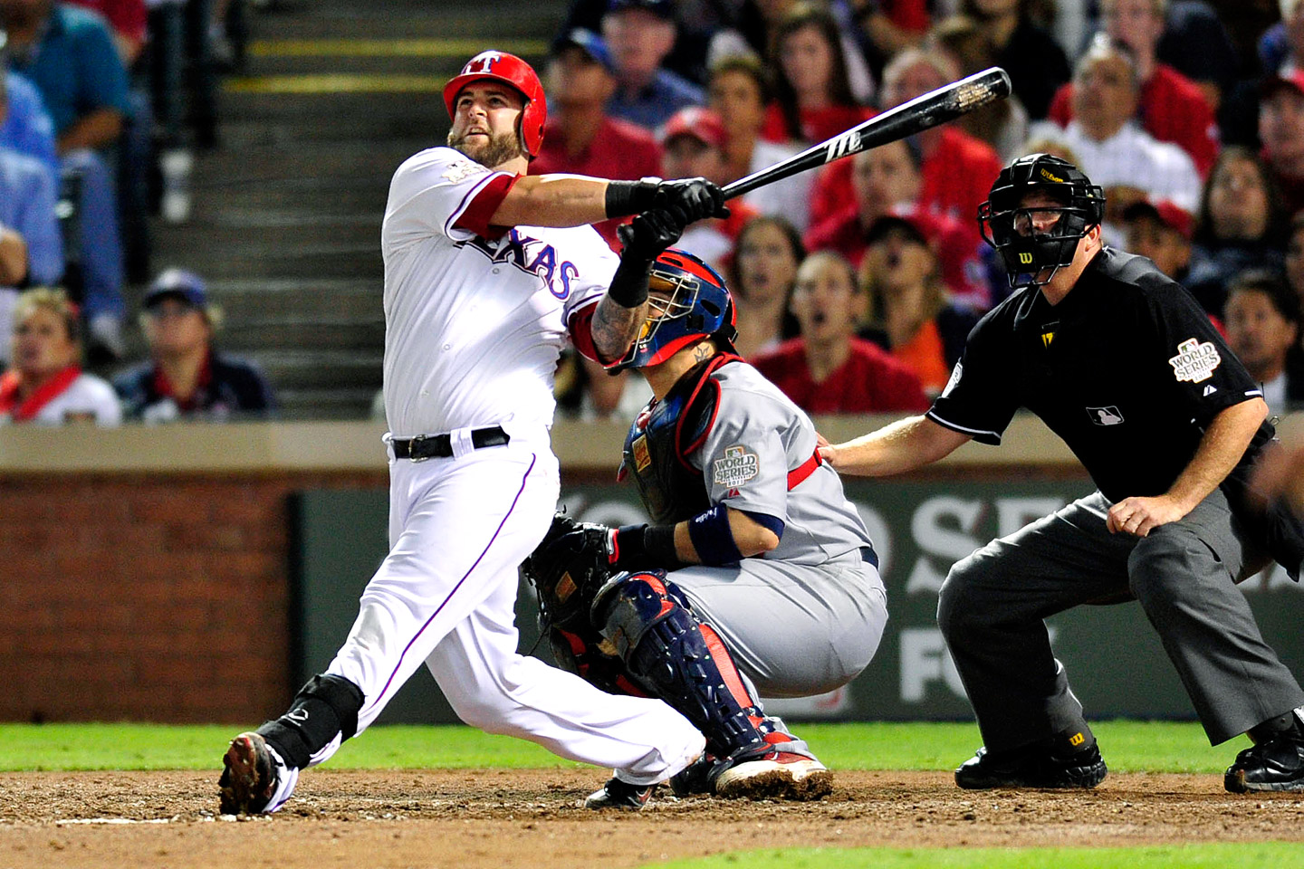 Rangers catcher Mike Napoli hits a three-run home run in the sixth inning o...