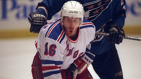 Tie Domi, of the New York Rangers, during pregame warm ups prior