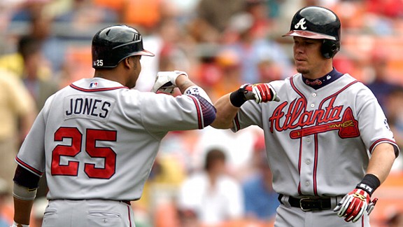 Atlanta Braves' Dan Uggla, right, bangs forearms with Chipper