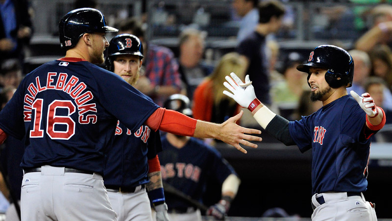 Red Sox' Shane Victorino rights himself at plate, drives in seven