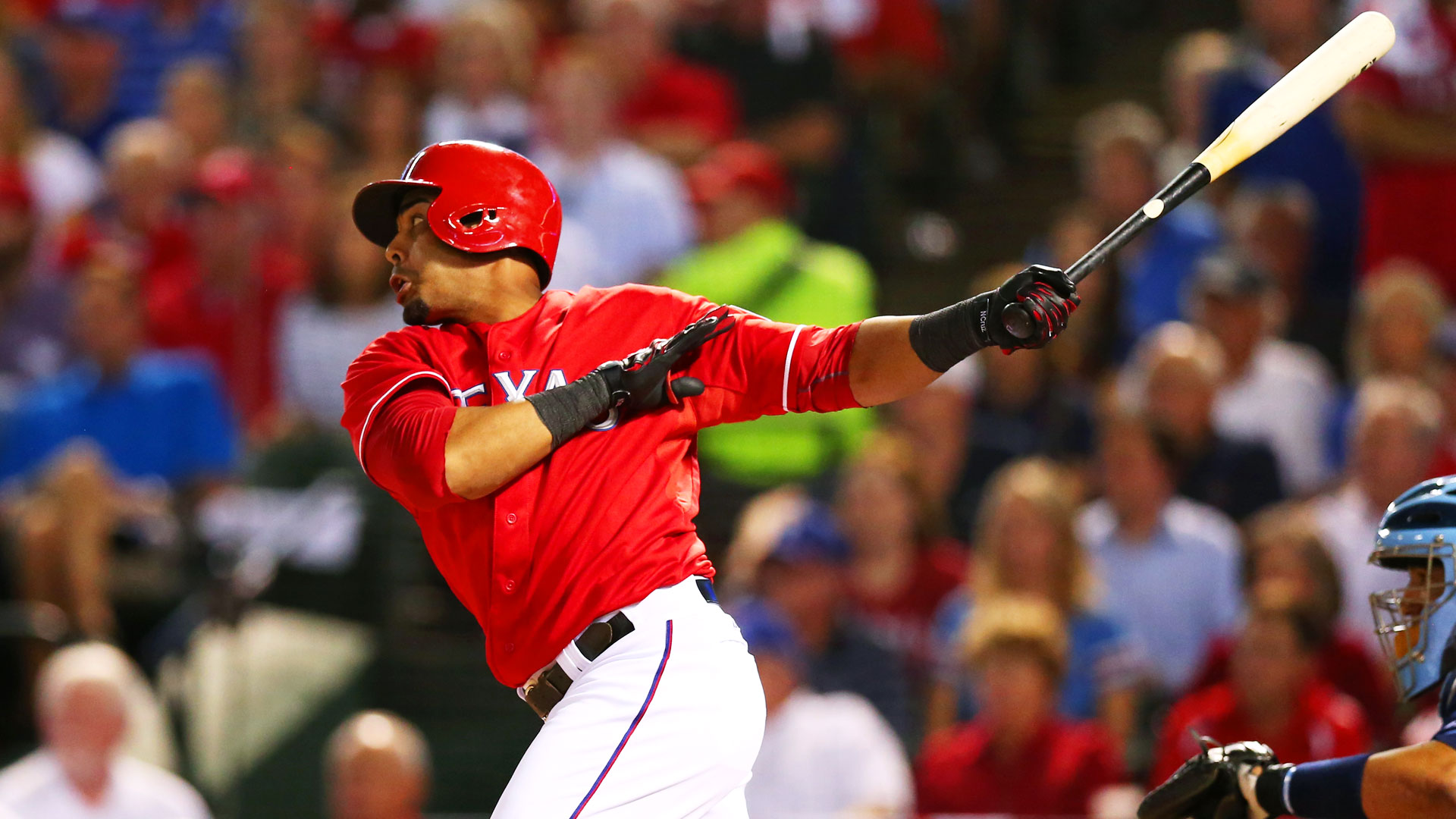 Texas Rangers' Mike Napoli breaks hits bat while grounding out