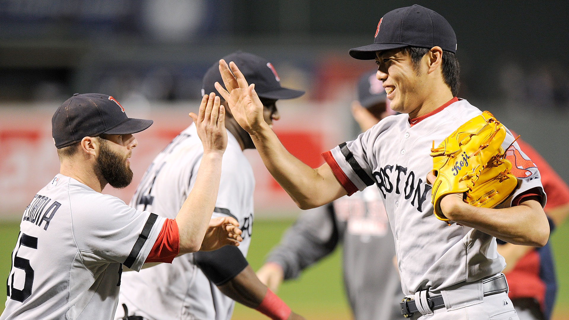 Red Sox reliever Koji Uehara gives the best high fives