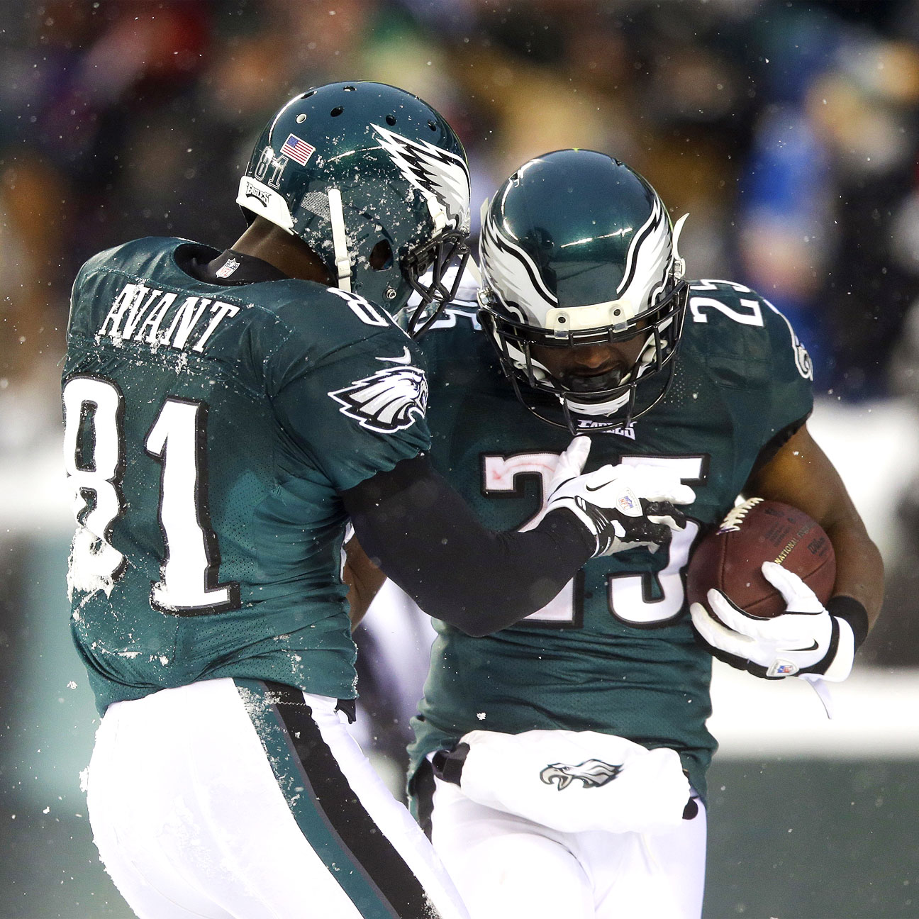 Philadelphia Eagles running back LeSean McCoy is greeted by wide receiver  teammate DeSean Jackson as they celebrate his third quarter touchdown and  his third game touchdown at Lincoln Financial Field December 18