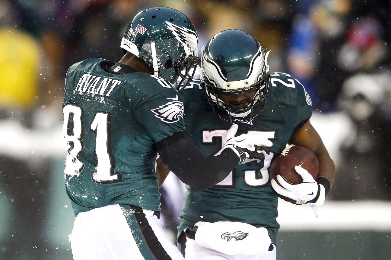 Philadelphia Eagles running back LeSean McCoy is greeted by wide receiver  teammate DeSean Jackson as they celebrate his third quarter touchdown and  his third game touchdown at Lincoln Financial Field December 18