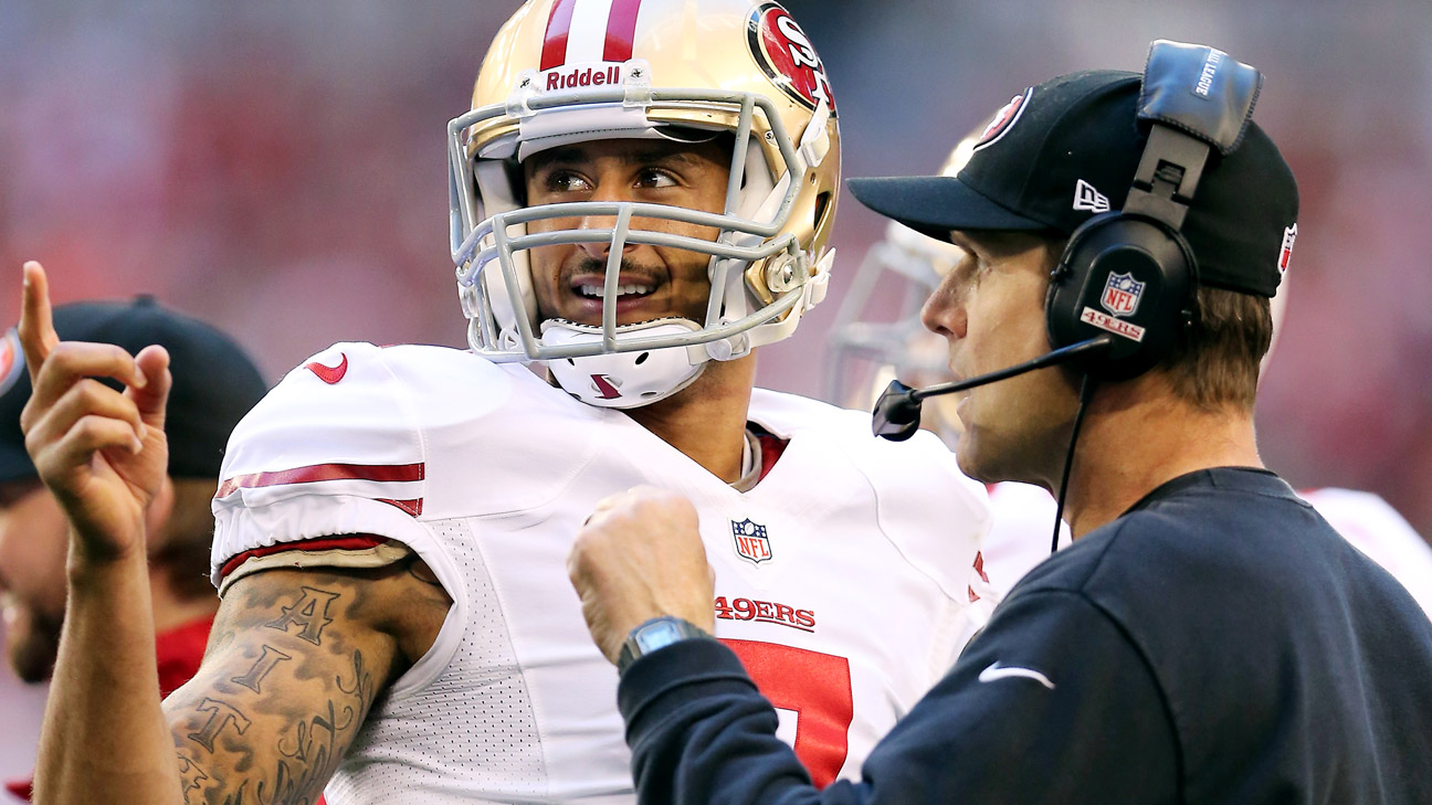 Jim Harbaugh rocks Colin Kaepernick jersey at Sacramento-area camp