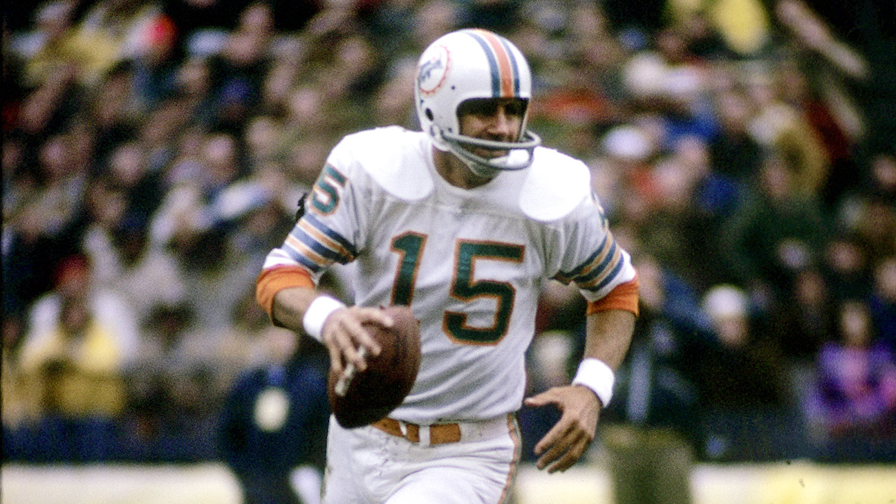 FILE - Former Miami Dolphins 1972 players Bob Griese (12) and Earl Morrall  (15) enjoy a half time celebration honoring the 1972 undefeated team at an  NFL football game against the Jacksonville