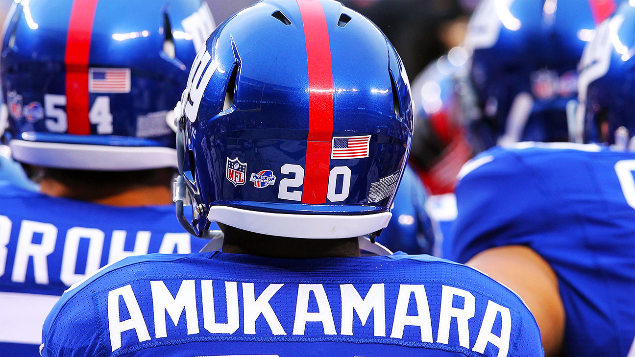 New York Giants cornerback Prince Amukamara (20) at the line of