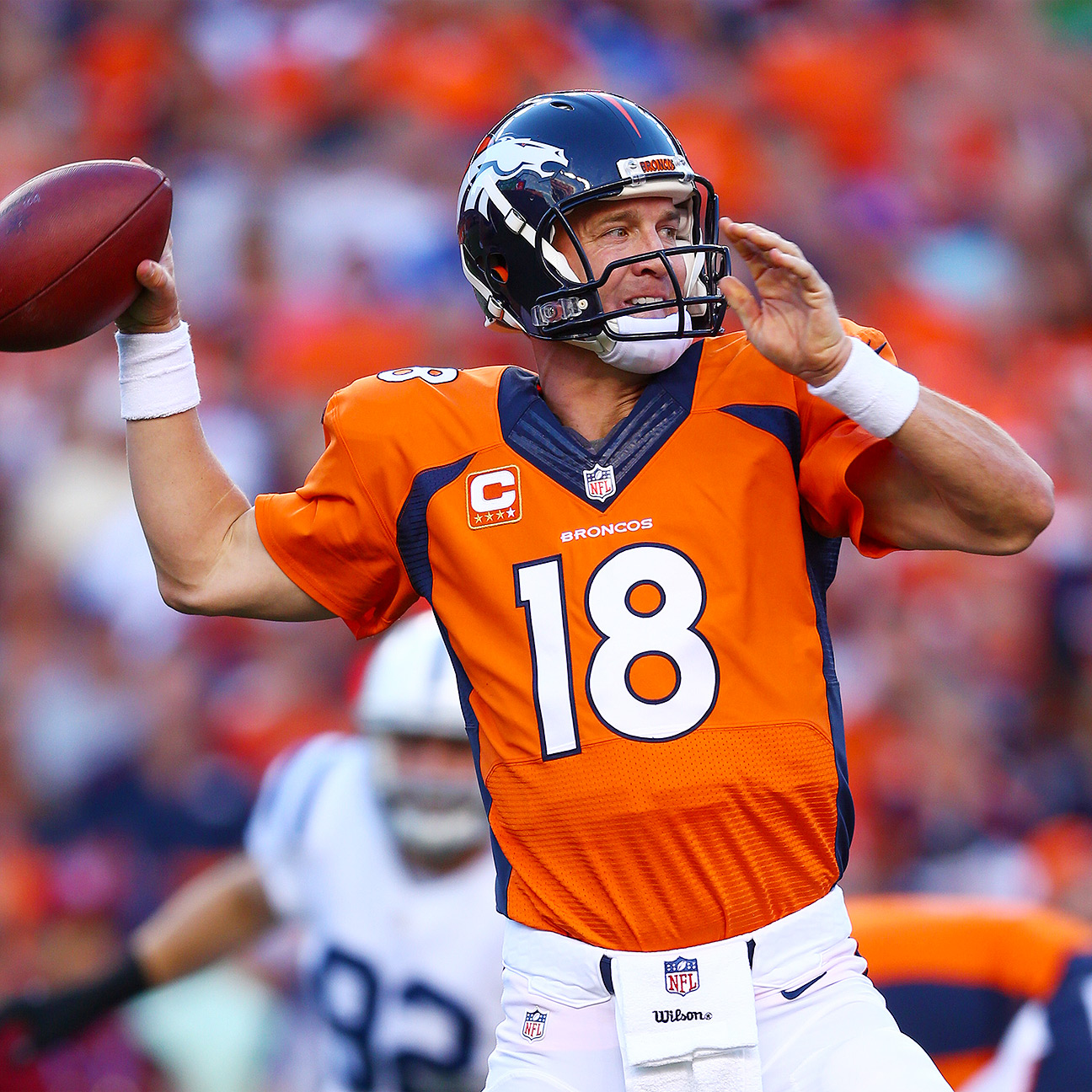 Denver Broncos quarterback Peyton Manning (18) throws during warm-ups  before their game against the Cincinnati Bengals at Paul Brown Stadium in  Cincinnati, Ohio, December 22, 2014. UPI/John Sommers II Stock Photo - Alamy