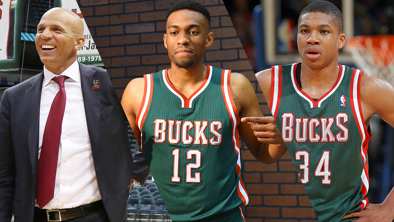 Giannis Antetokounmpo & Jabari Parker at the Bucks Jersey Unveiling.