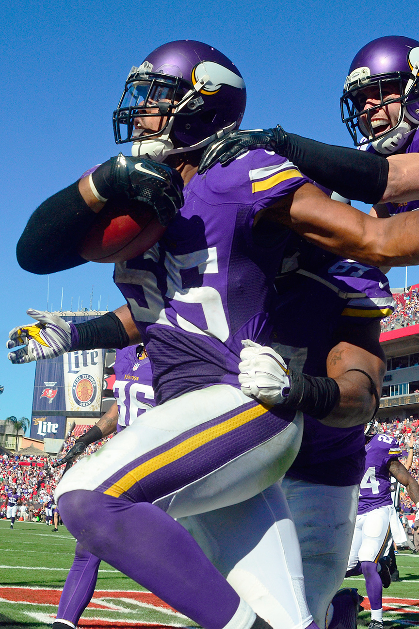 Minneapolis, MN, USA. 2nd Nov, 2014. Minnesota Vikings running back Matt  Asiata (44) celebrates a touchdown against the Washington Redskins at TCF  Stadium in Minneapolis, MN.Craig Lassig/CSM/Alamy Live News Stock Photo 