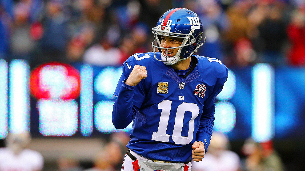 Eli Manning of the New York Giants celebrates a touchdown in the