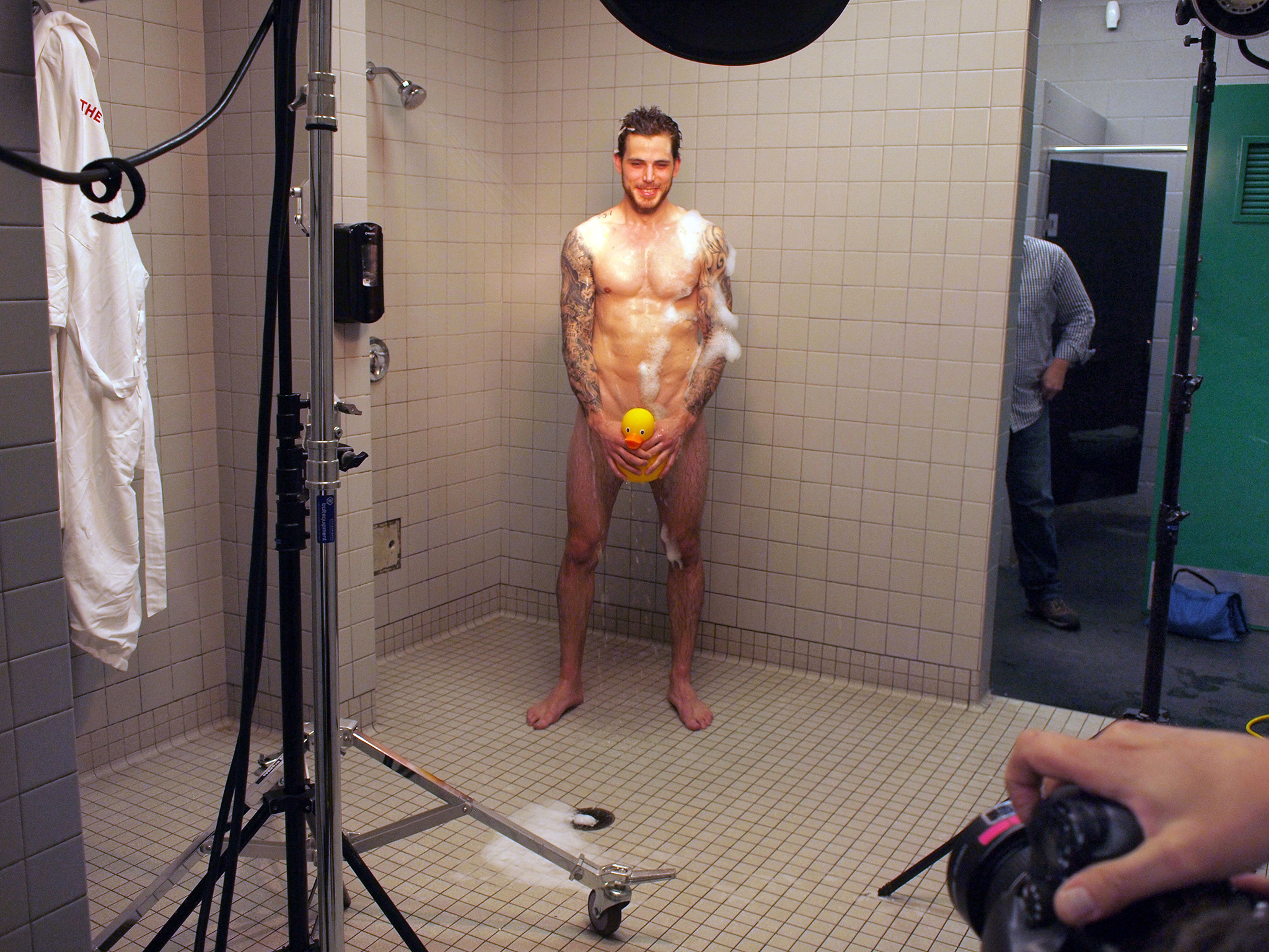 Channeling Wayne Gretzky's famed nude foam photo, Seguin, covered in f...