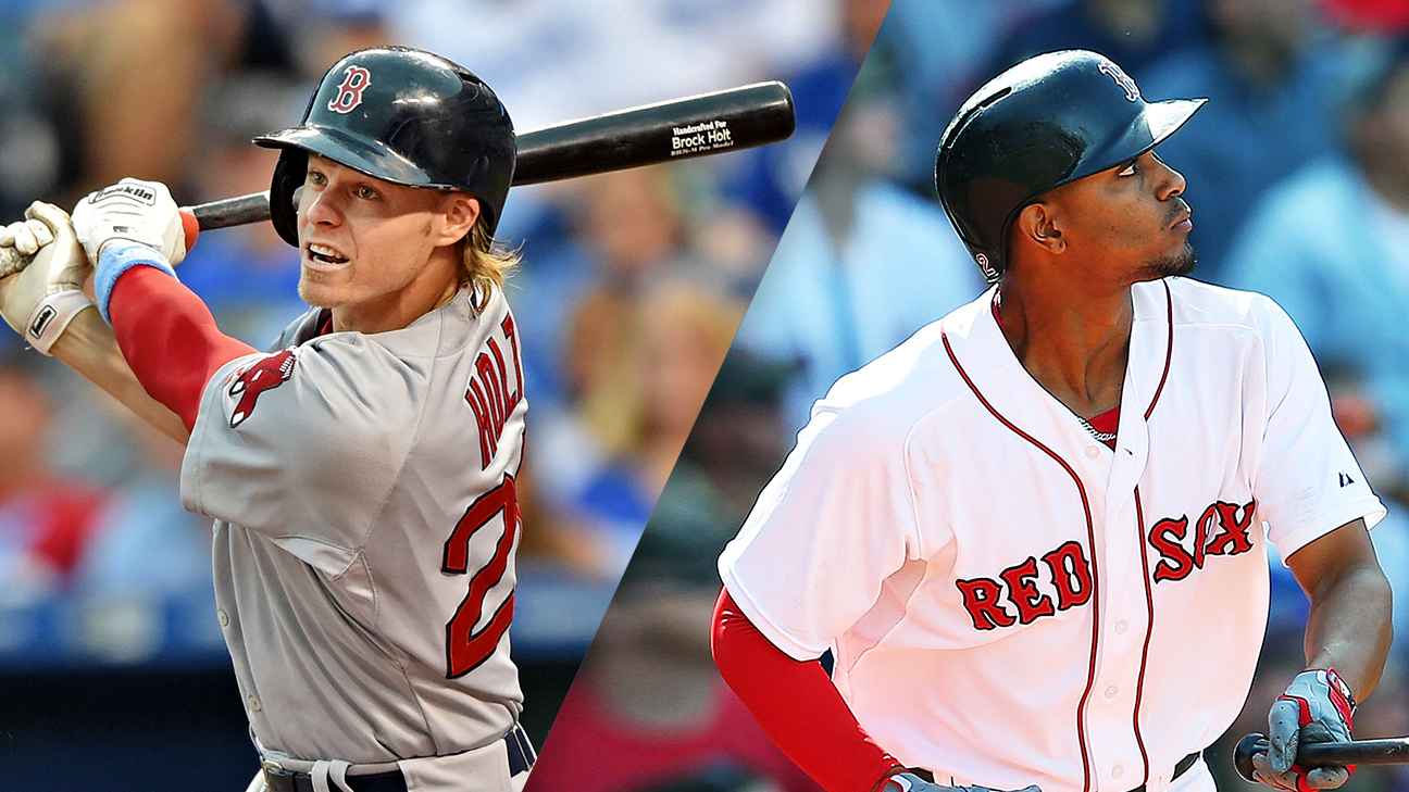 Xander Bogaerts and Brock Holt of the Boston Red Sox celebrate after