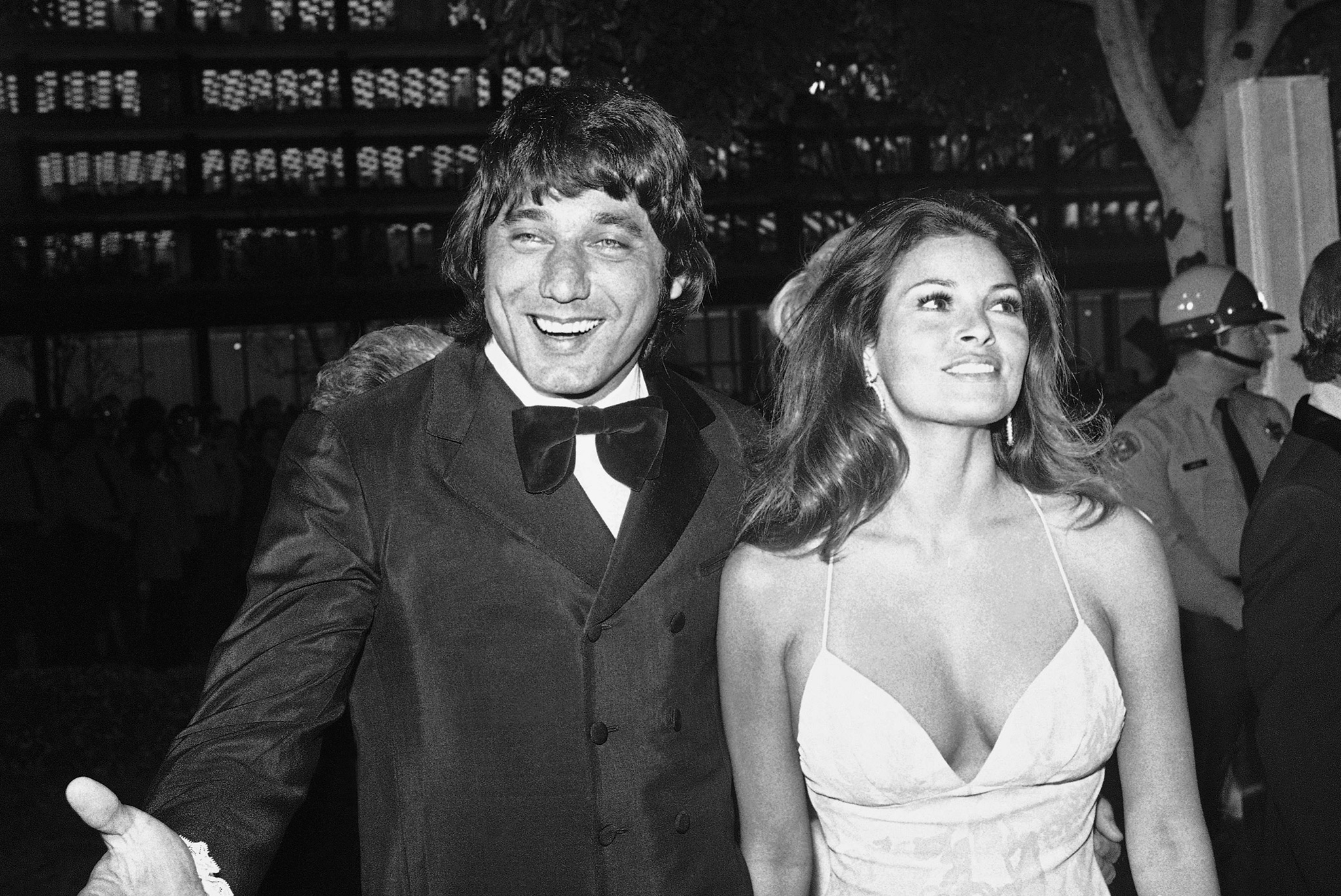 Namath arrives at the 1972 Academy Awards with his date, Raquel Welch. joe namath...