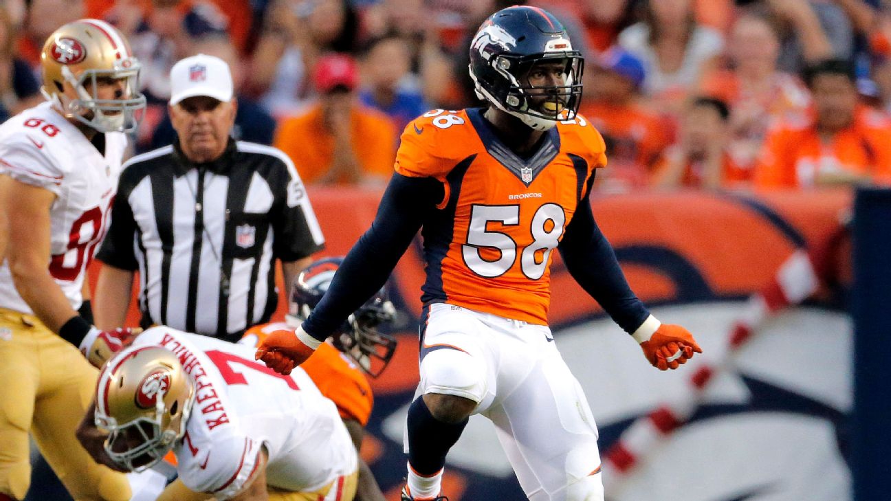 Von Miller (58) enters the field before the first half against the Tampa  Bay Buccaneers at Sports Au…