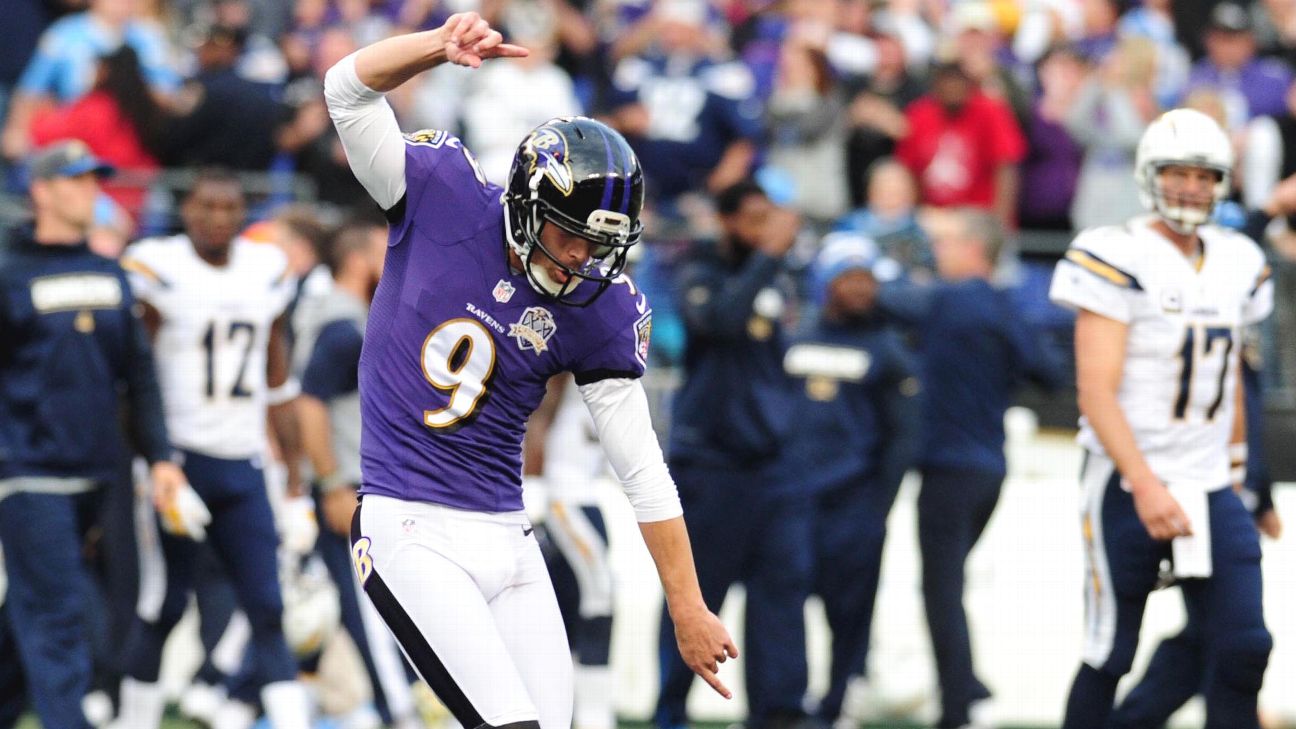 Baltimore Ravens kicker Justin Tucker (9) celebrates a field goal