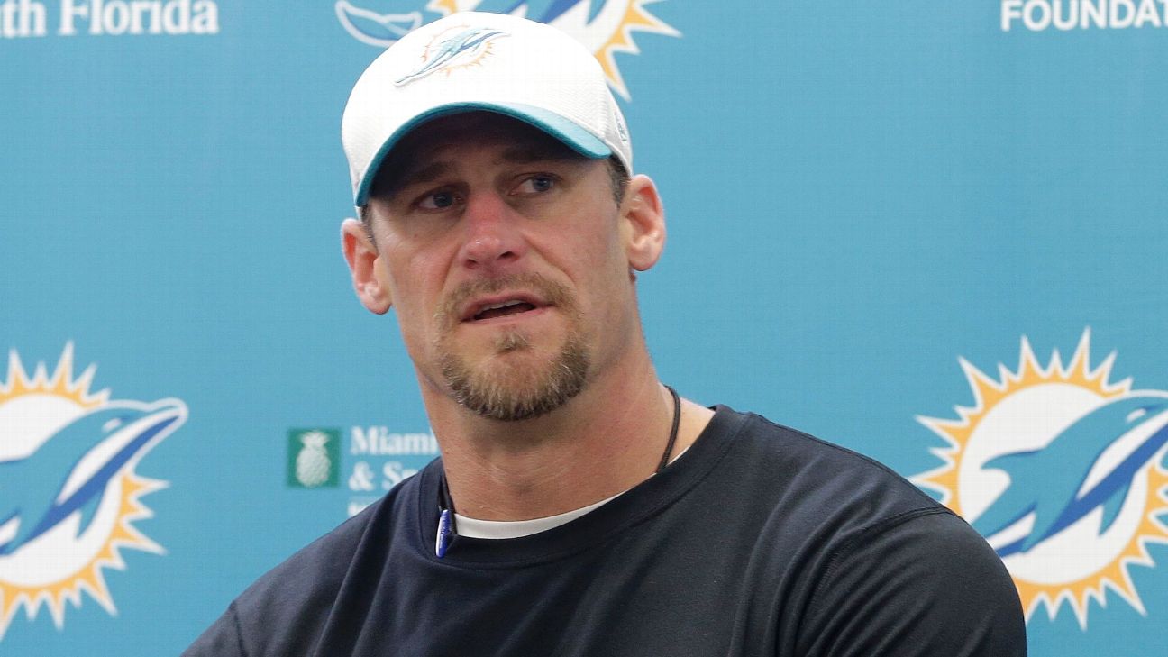 Miami Dolphins interim head coach Dan Campbell speaks during the post game  news conference after an NFL football game against the Dallas Cowboys,  Sunday, Nov. 22, 2015, in Miami Gardens, Fla. The