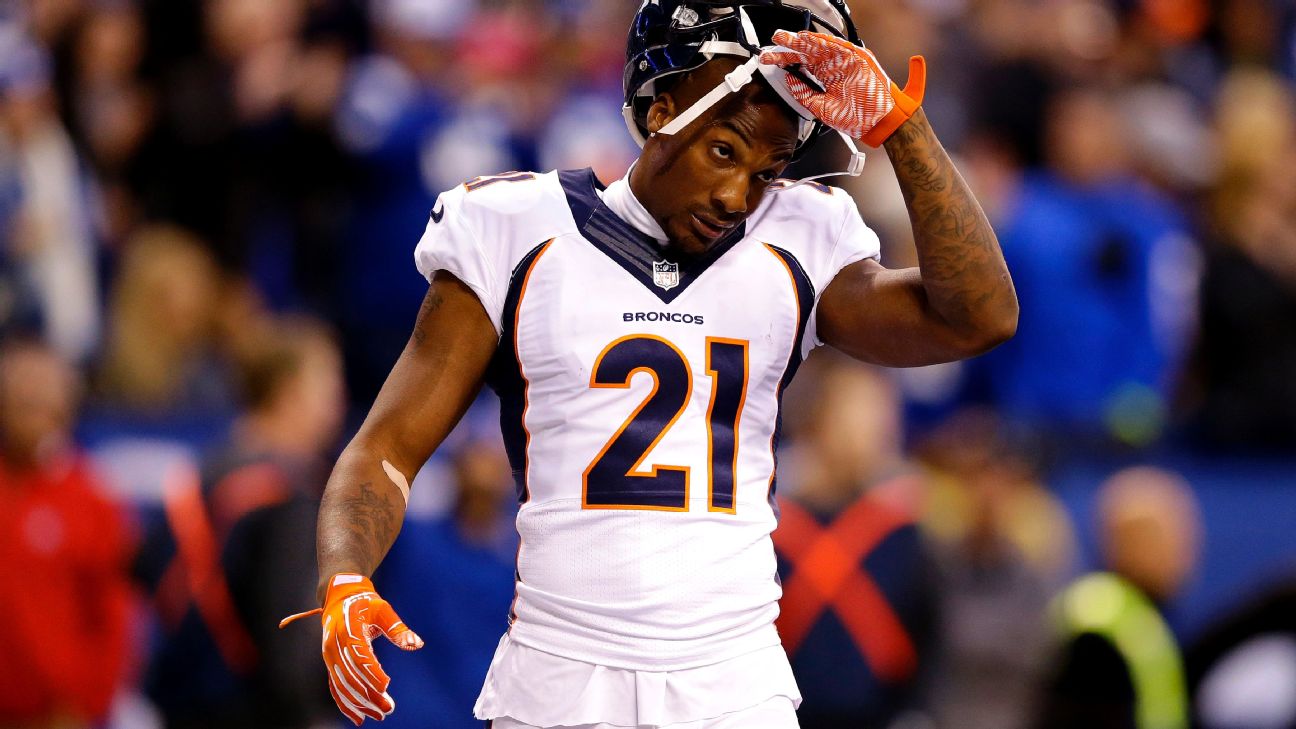 October 15, 2017: Denver Broncos cornerback Aqib Talib (21) during pre-game  warm up of an NFL week 6 matchup between the New York Giants and the Denver  Broncos at Sports Authority Field