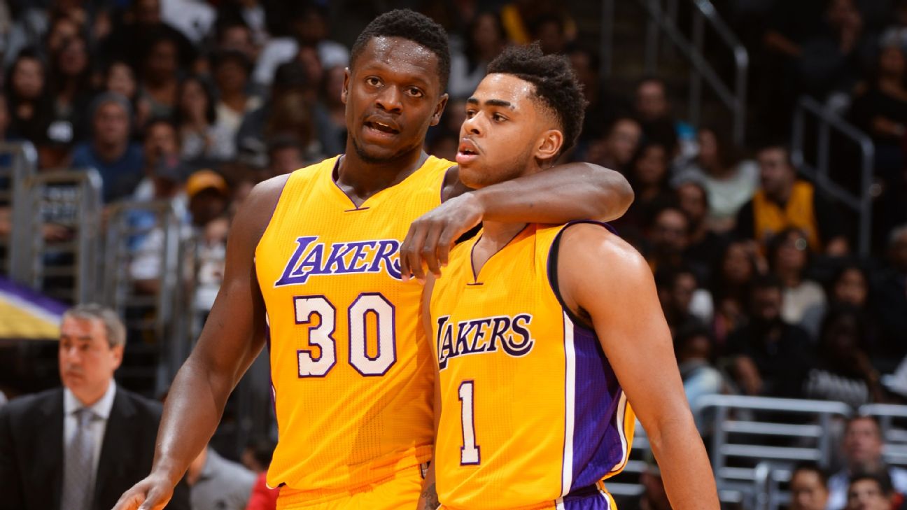 Los Angeles Lakers' Tarik Black, left, and D'Angelo Russell plays