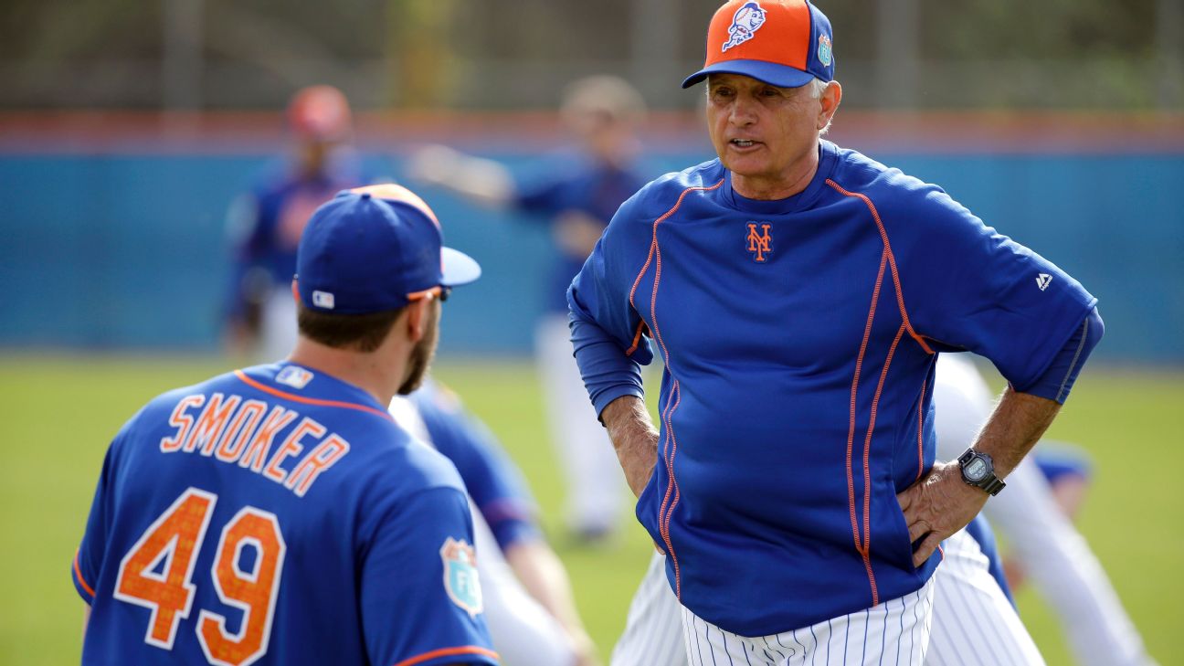 New York Mets' Manager Terry Collins watches batting practice