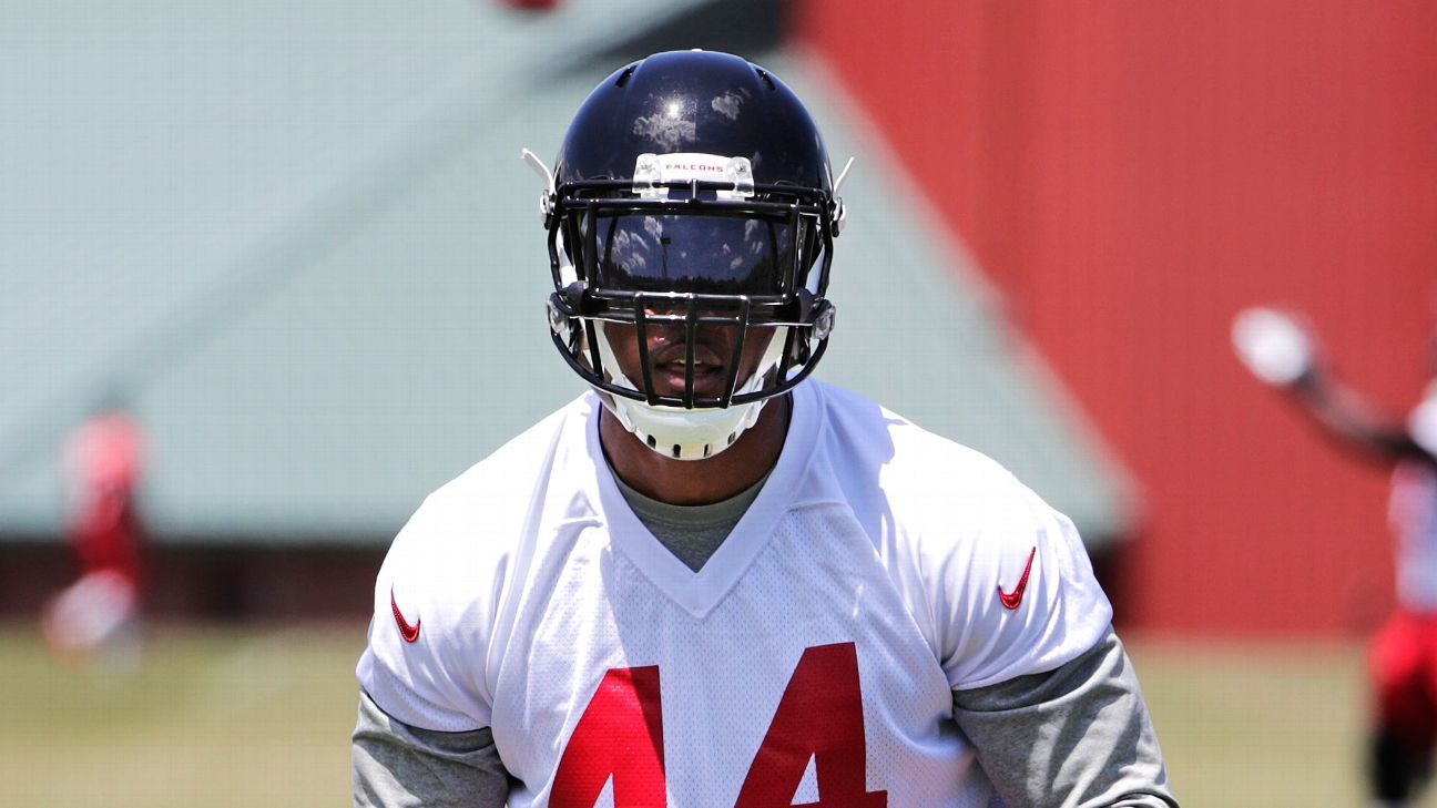 Atlanta Falcons' Vic Beasley Jr., runs a drill at an NFL football