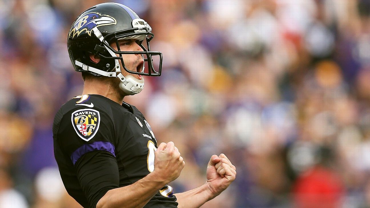 Baltimore Ravens players celebrate after place kicker Justin