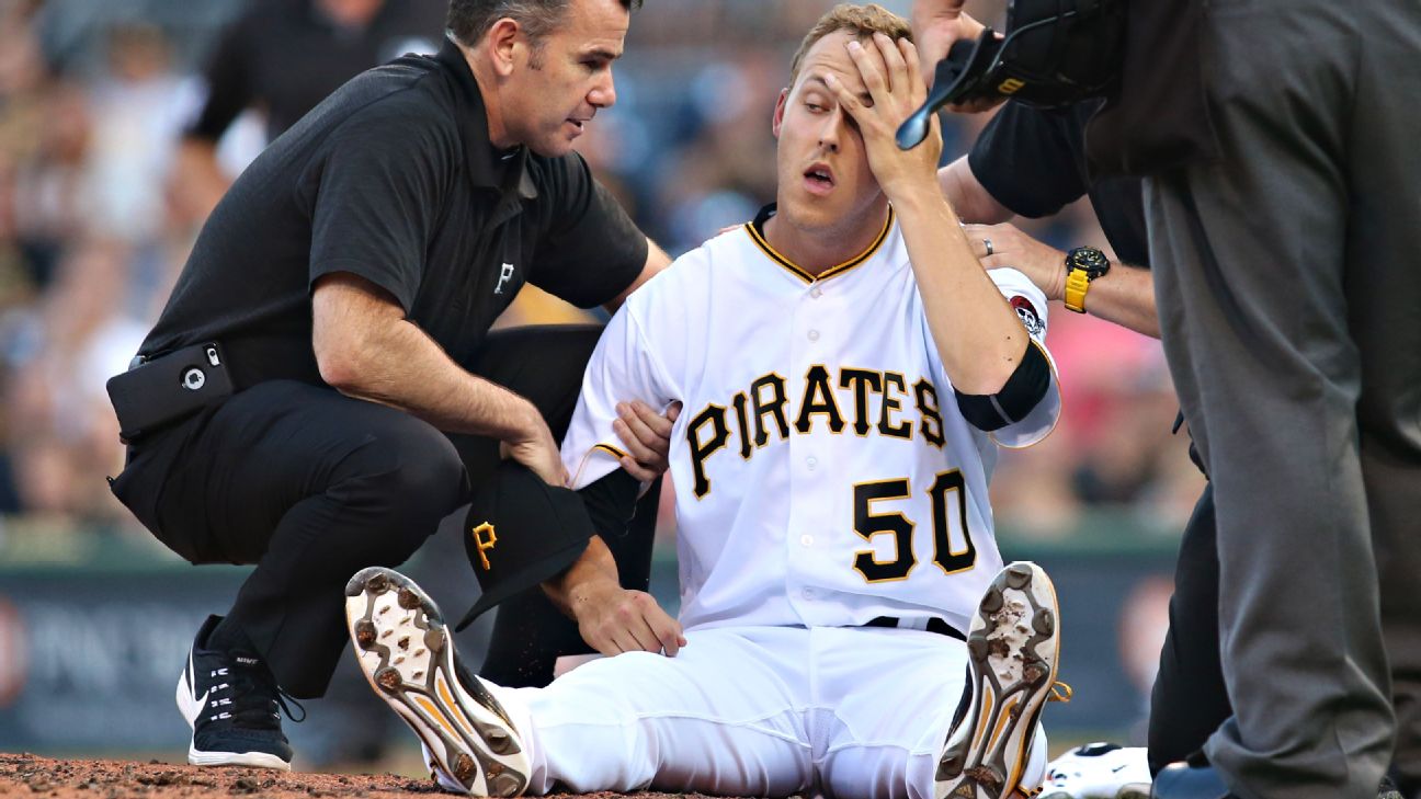 Jameson Taillon of Pittsburgh Pirates hit in head by line drive