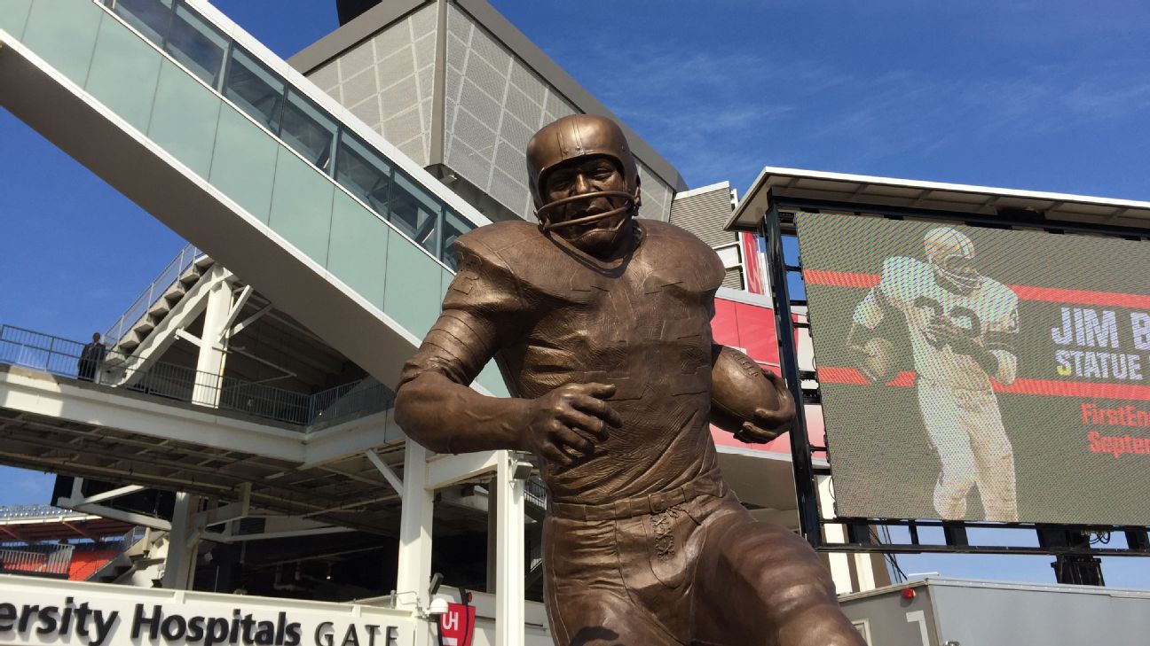 This is a statue of Cleveland Browns running back Jim Brown outside  FirstEnergy Stadium before an NFL football game between the Cleveland Browns  and the Pittsburgh Steelers in Cleveland, Ohio, Thursday, Sept.