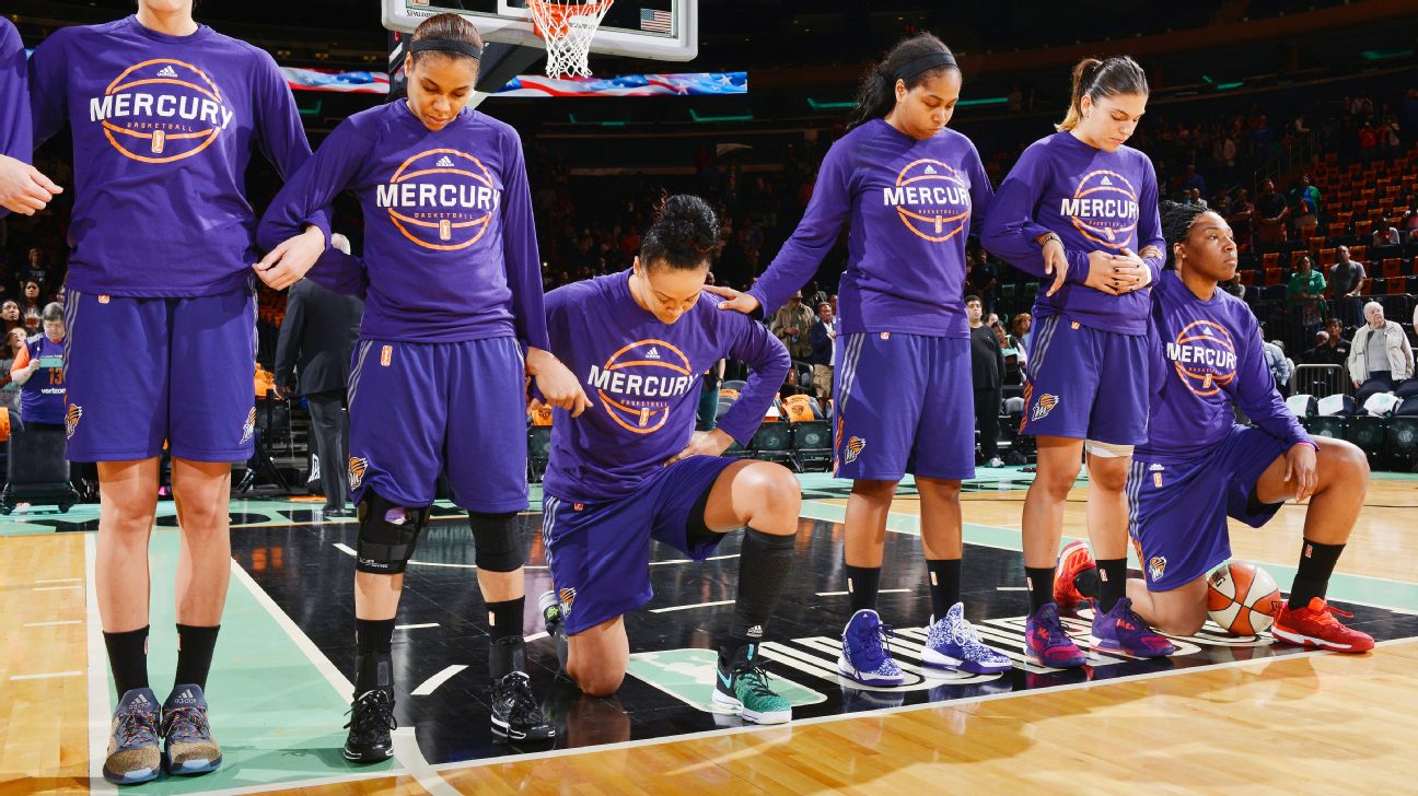 New York Liberty players, coaches lock arms as 2 Phoenix Mercury players kneel for national anthem ahead of playoff game - ESPN